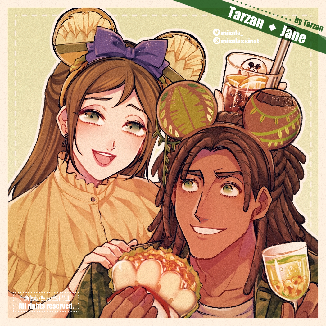 1boy 1girl :d alternate_skin_color animification bow brown_hair character_name copyright_name cup dark-skinned_male dark_skin dreadlocks dress drinking_glass earrings eating hair_bow hand_on_another&#039;s_shoulder hetero holding holding_cup instagram_username jane_porter jewelry lipstick long_hair looking_at_viewer makeup mickey_mouse_ears mizala open_mouth simple_background smile tarzan tarzan_(disney) twitter_username upper_body watermark wine_glass yellow_dress
