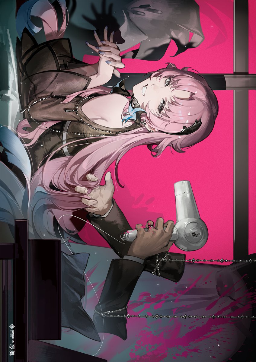 1girl 1other bema_(sinsekai) blood bokyo character_name clothing_cutout commentary_request copyright_name disembodied_arms drying drying_another&#039;s_hair drying_hair earclip earrings from_side grey_nails grin hair_dryer hair_ornament hand_in_another&#039;s_hair highres holding holding_hair_dryer jewelry kamitsubaki_studio long_hair looking_at_viewer nail_polish official_art own_hands_together parted_bangs pink_blood pink_hair ring second-party_source shadow shadow_puppet shoulder_cutout sideways sinsekai_record smile solo_focus tissue tissue_box very_long_hair virtual_youtuber