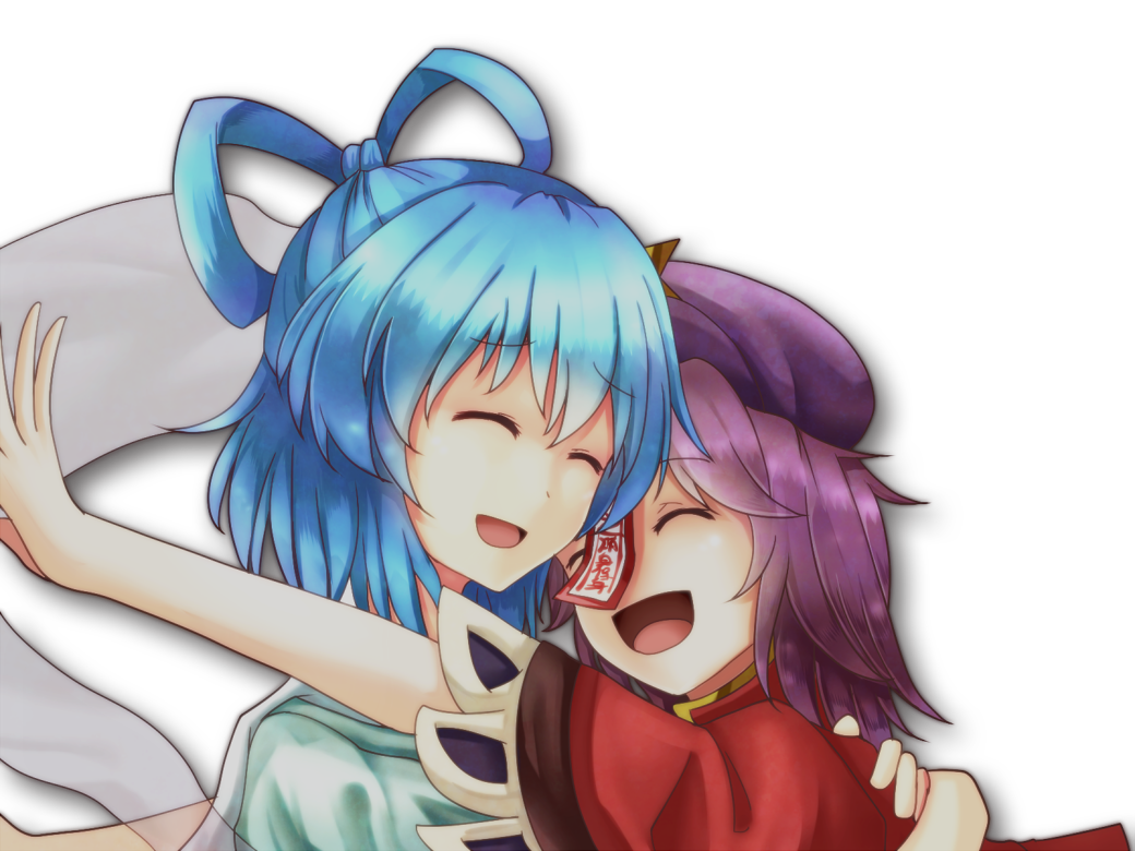 2girls ^_^ blue_hair closed_eyes closed_eyes female_focus hair_rings hug jiangshi kaku_seiga miyako_yoshika multiple_girls ofuda open_mouth outstretched_arms pandora-ex purple_hair shawl short_hair smile touhou upper_body zombie_pose