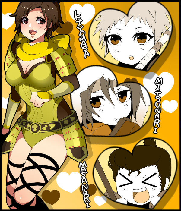 armor blush brown_eyes brown_hair ishida_mitsunari komekei nene scarf sengoku_musou sengoku_musou_3 short_hair taigong_wang_(musou_orochi)