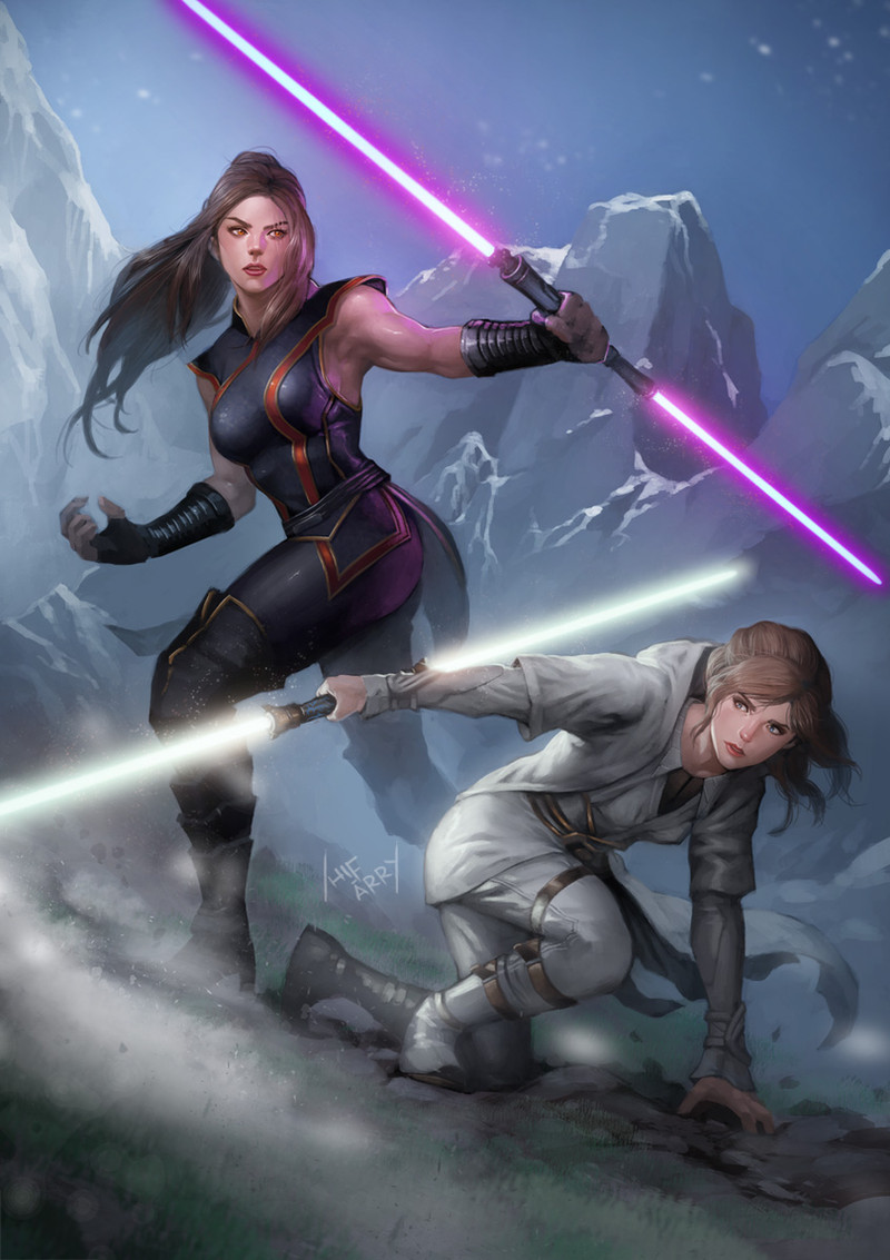2girls black_footwear black_pants black_shirt blue_eyes boots brown_hair double_bladed_lightsaber energy_sword hifarry holding holding_sword holding_weapon lightsaber long_hair multiple_girls on_one_knee open_clothes open_robe outdoors pants purple_lightsaber robe shirt sleeveless sleeveless_shirt standing star_wars sword thigh_boots tunic weapon white_lightsaber white_pants white_robe white_tunic
