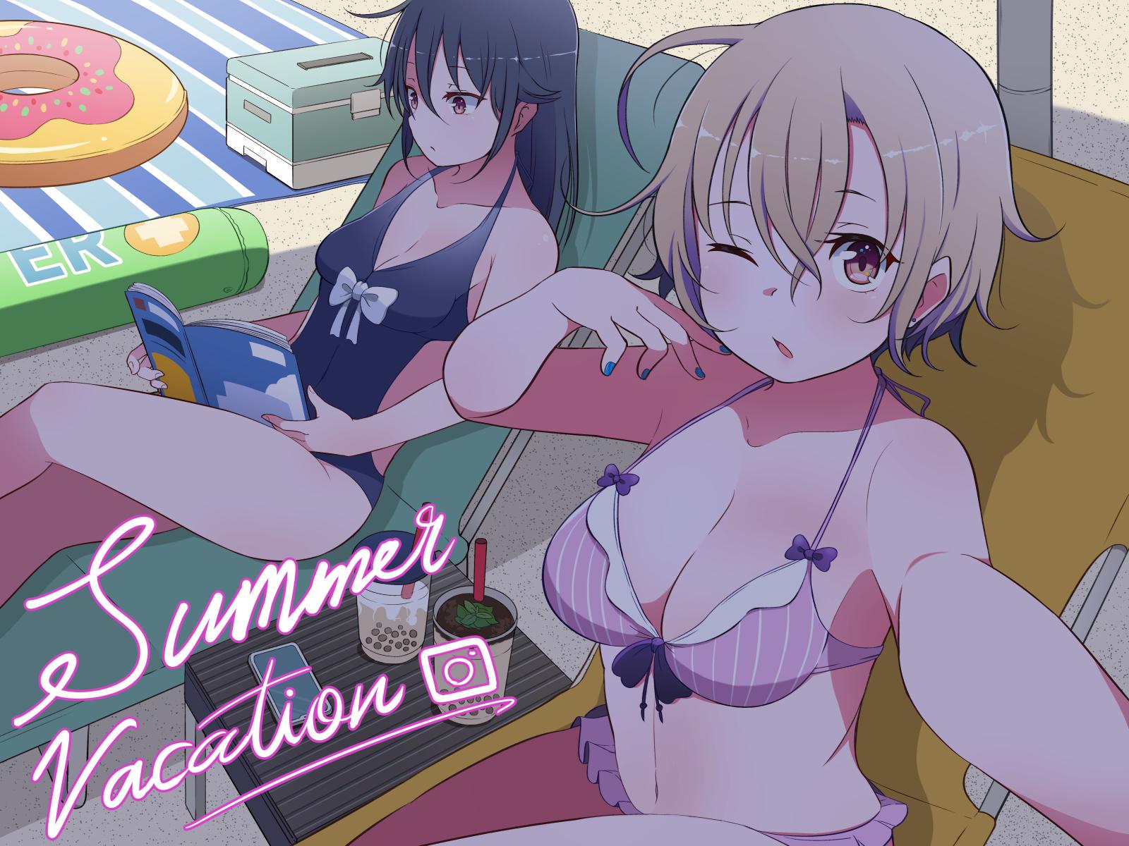 2girls ;o back_cutout beach_chair beach_towel bikini black_hair blue_nails bow bowtie breasts brown_eyes brown_hair bubble_tea cellphone cleavage clothing_cutout cooler cup day english_text facebook facebook-san hair_between_eyes hair_flaps halterneck hand_on_own_face highres holding holding_magazine innertube instagram instagram-san large_breasts long_hair looking_at_viewer magazine_(object) medium_breasts multiple_girls nail_polish one-piece_swimsuit one_eye_closed outdoors personification phone reading selfie shade short_hair sitting smartphone swim_ring swimsuit towel tsukigi twitter-san_(tsukigi)
