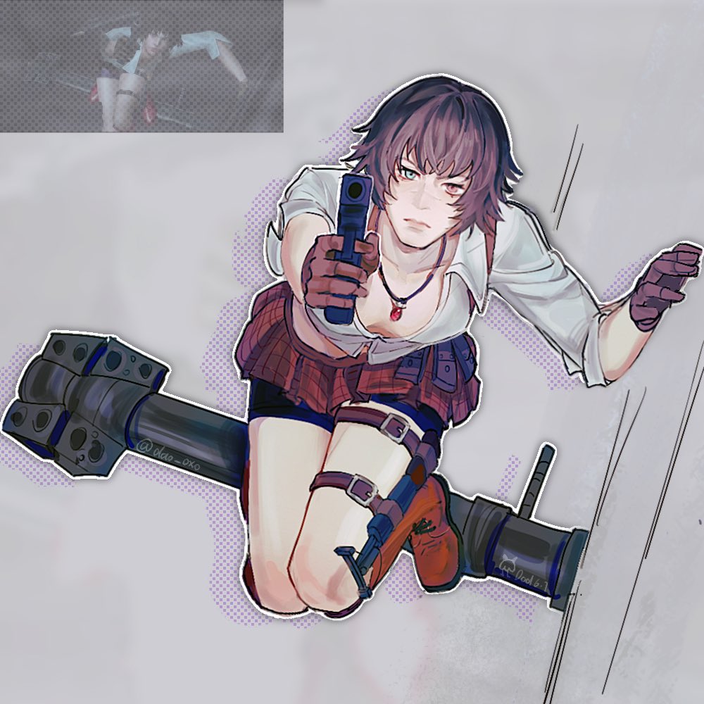1girl aiming bike_shorts black_hair boots brown_gloves dao_oxo devil_may_cry devil_may_cry_(series) devil_may_cry_3 game_screenshot_inset gloves green_eyes grey_background heterochromia jewelry kalina_ann_(weapon) lady_(devil_may_cry) necklace red_eyes reference_inset rocket_launcher shirt signature skirt thigh_strap weapon white_shirt