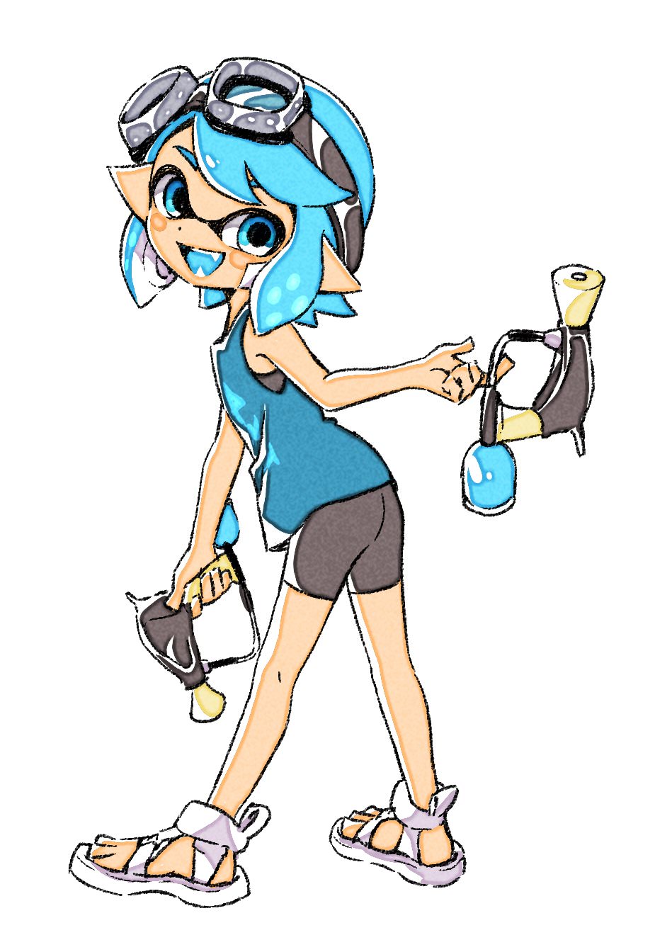 1girl :d alternate_hairstyle bare_arms bare_legs black_shorts blue_eyes blue_tank_top blue_tongue colored_tongue dual_wielding fangs flipped_bangs from_behind full_body goggles goggles_on_head hand_up highres holding holding_weapon inkling inkling_girl inkling_player_character leaning_forward legs_apart looking_at_viewer looking_back nintendo open_mouth pointy_ears sandals sen_squid short_hair shorts side_part sidelocks simple_background smile solo splat_dualies_(splatoon) splatoon_(series) standing tank_top third-party_source watercolor_effect weapon white-framed_eyewear white_background white_sandals
