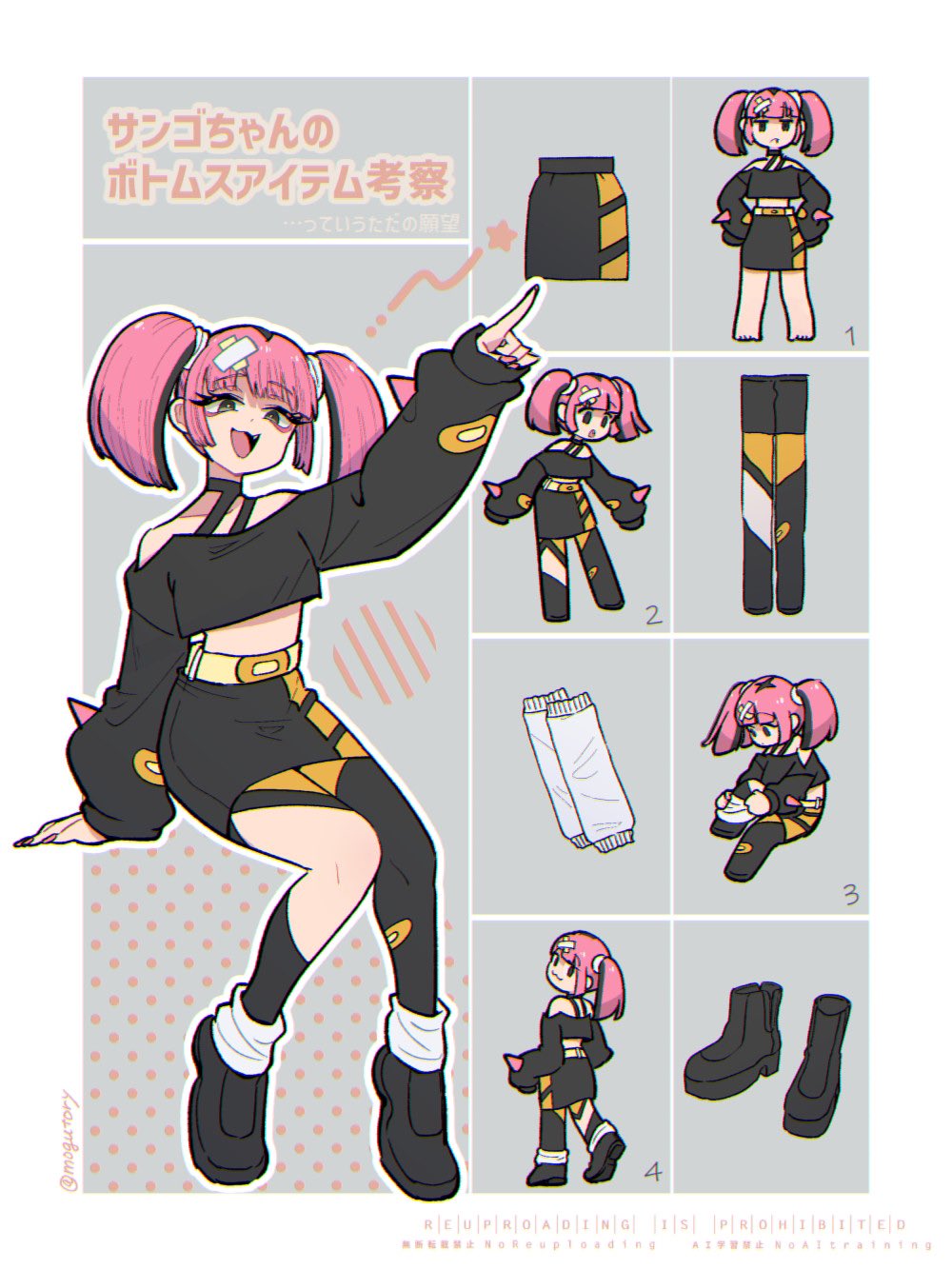 1girl bandaid bandaid_hair_ornament bare_shoulders black_eyes black_hair black_shirt black_shoes black_skirt blunt_bangs coral_(pokemon) cropped_shirt eyelashes full_body hair_ornament highres long_sleeves looking_at_viewer midriff mogutory multicolored_hair multiple_views nintendo open_mouth pink_hair pink_nails pokemon pokemon_(anime) pokemon_horizons shirt shoes skirt spiked_sleeves twintails twitter_username two-tone_hair