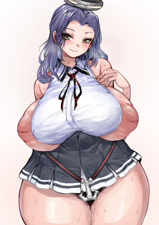 1girl anchor bare_shoulders black_ribbon black_skirt blush breasts breasts_out breath closed_mouth collared_shirt commentary cowboy_shot curvy datto_3 english_commentary eyelashes female_pubic_hair forehead halo huge_breasts inverted_nipples kantai_collection large_areolae legs_together light_smile looking_at_viewer mature_female mechanical_halo medium_hair neck_ribbon nipples pleated_skirt plump pubic_hair puffy_nipples purple_hair pussy_juice ribbon shirt simple_background skirt sleeveless sleeveless_shirt solo sweat tatsuta_(kancolle) thick_thighs thighs white_shirt wide_hips yellow_eyes