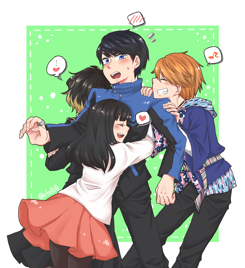 1girl blush brown_hair closed_eyes grin heart hug kamen_rider kamen_rider_ghost_(series) musical_note negi_(stellio) open_mouth pantyhose quaver short_hair skirt smile spoken_blush spoken_heart tenkuuji_takeru