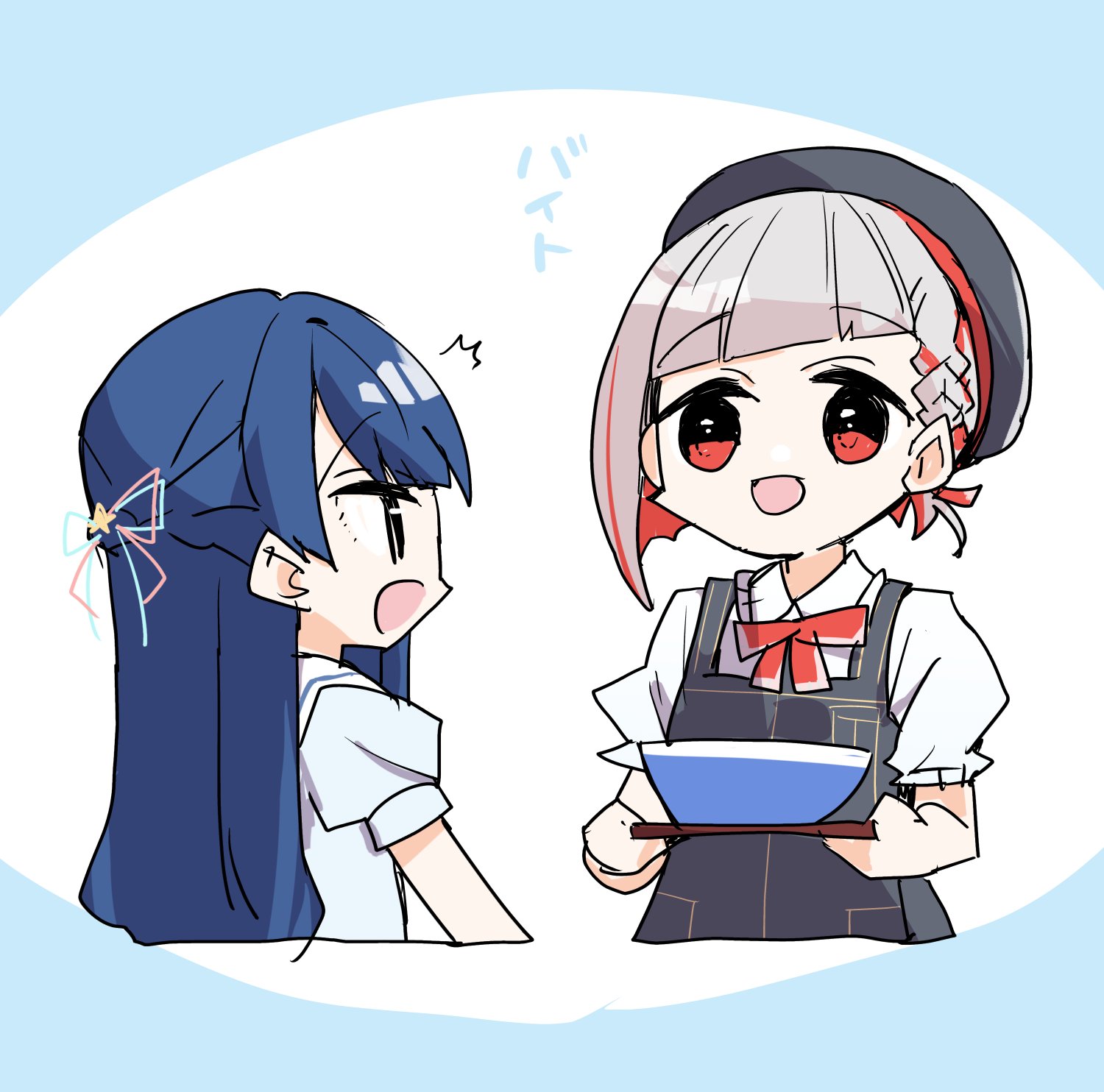 2girls :d alternate_costume apron beret black_apron black_hat blue_hair bowl braid collared_shirt colored_inner_hair commentary_request diagonal_bangs frilled_shirt_collar frills grey_hair hachiban_ramen hachiban_ramen_uniform hasu_no_sora_school_uniform hat highres holding holding_tray kanduki_kamibukuro link!_like!_love_live! looking_at_another love_live! multicolored_hair multiple_girls murano_sayaka neck_ribbon open_mouth part_time_job puffy_short_sleeves puffy_sleeves red_eyes red_hair red_ribbon ribbon sailor_collar school_uniform shirt short_hair short_sleeves side_braid smile streaked_hair summer_uniform tray virtual_youtuber white_sailor_collar white_shirt yugiri_tsuzuri