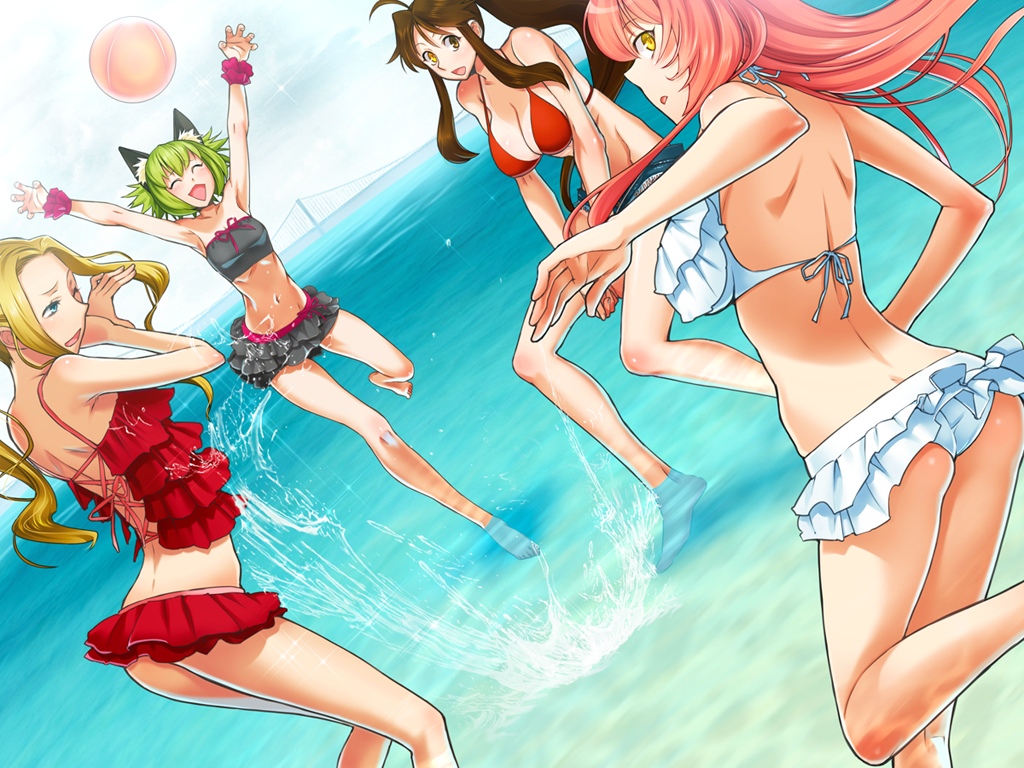 4girls anabeth_william_mardick_jr. animal_ears ball barefoot bikini breasts cat_ears cleavage game_cg green_hair izumi_(ourai_no_gahkthun) josephine_march_(ourai_no_gahkthun) large_breasts liarsoft long_hair multiple_girls navel neon_scala_sumiriya ourai_no_gahkthun pink_hair steampunk_(liarsoft) swimsuit very_long_hair water yellow_eyes