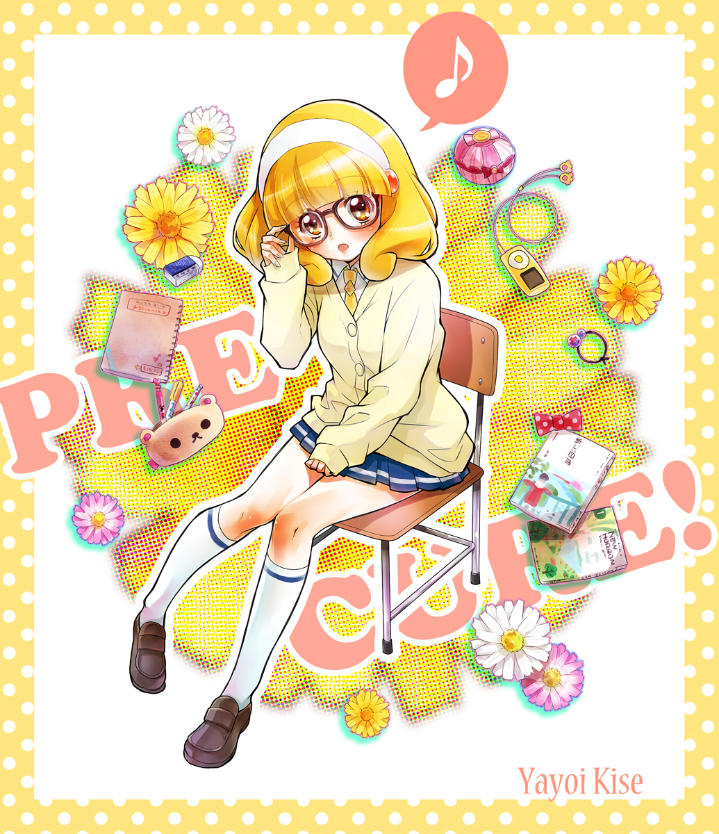 10s 1girl bespectacled blonde_hair blush cardigan eyelashes female_focus glasses hairband highres kise_yayoi kneehighs loafers minimaru musical_note precure quaver school_uniform shoes sitting skirt smile_precure! socks solo speech_bubble spoken_musical_note white_hairband