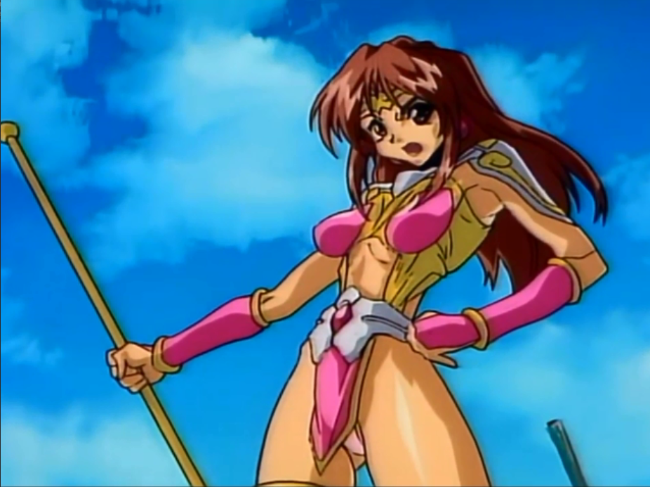1990s_(style) 1girl armor blue_sky brown_eyes brown_hair choujin_gakuen_gowcaizer clothing_cutout forehead_protector gauntlets hand_on_own_hip navel_cutout oobari_masami retro_artstyle shoulder_armor sky son_karin