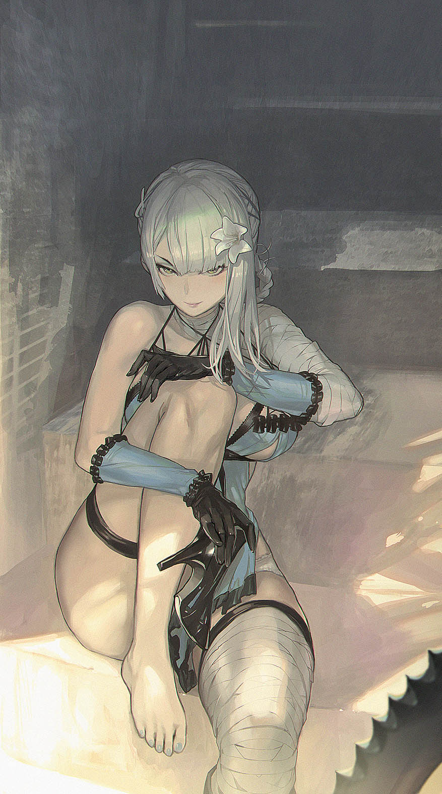 1girl bandaged_arm bandaged_leg bandaged_neck bandages barefoot black_gloves braid braided_hair_rings breasts feet flower foot_out_of_frame gloves hair_flower hair_ornament hair_rings high_heels highres kaine_(nier) knee_up large_breasts leg_up legs lingerie looking_at_viewer maeshima_shigeki nail_polish nier nier_(series) revision single_bare_shoulder solo toenail_polish toenails toes underwear yellow_eyes