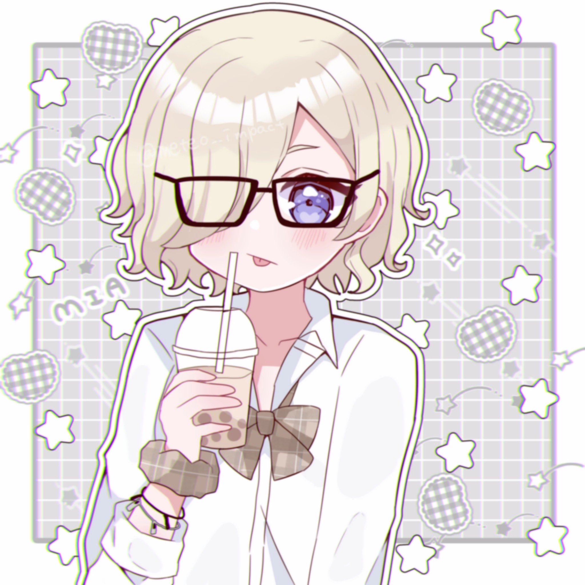 1girl :/ :p ametan_(meteo_impact) black-framed_eyewear blonde_hair blush border bow bowtie brown_bow brown_bowtie brown_scrunchie bubble_tea closed_mouth collarbone collared_shirt commentary_request cup dress_shirt glasses grey_background grid_background gyaru hair_over_one_eye heart highres holding holding_cup kogal looking_at_viewer love_live! love_live!_nijigasaki_high_school_idol_club mia_taylor official_alternate_costume one_eye_covered open_collar outline outside_border plaid_bow plaid_bowtie plaid_clothes plaid_scrunchie purple_eyes school_uniform scrunchie shirt short_hair solo star_(symbol) tongue tongue_out upper_body white_border white_outline white_shirt