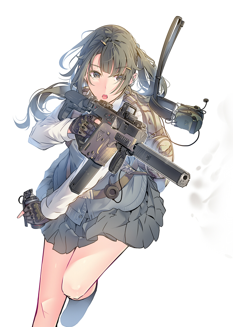 1girl backpack bag black_eyes black_hair blunt_bangs daito dress explosive facing_viewer female_focus fingerless_gloves gloves grenade gun hair_ornament hairclip hand_grenade headset holding holding_gun holding_weapon kriss_usa kriss_vector long_hair magpul open_mouth original osprey_45 pleated_dress polygonal_suppressor school_uniform silencerco solo submachine_gun suppressor transformational_defense_industries trigger_discipline weapon white_background