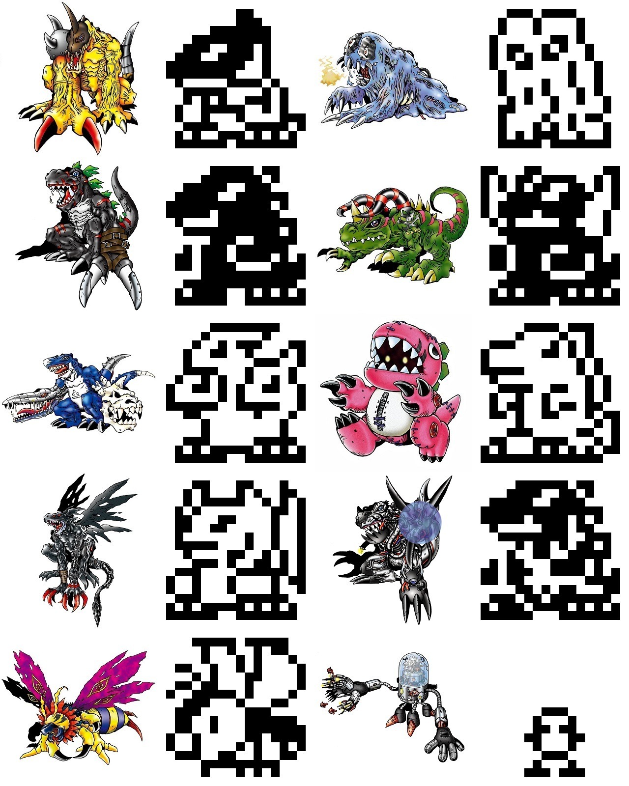 antennae beak burning_godzilla claws crossover cyborg cyclomon darktyranomon deltamon destoroyah devidramon digimon flymon gigan godzilla godzilla_(series) hedorah highres horns king_ghidorah metaltyranomon mothra nanomon official_art oxygen_destroyer pixel_art raremon simple_background spacegodzilla tail titanosaurus tuskmon white_background wings
