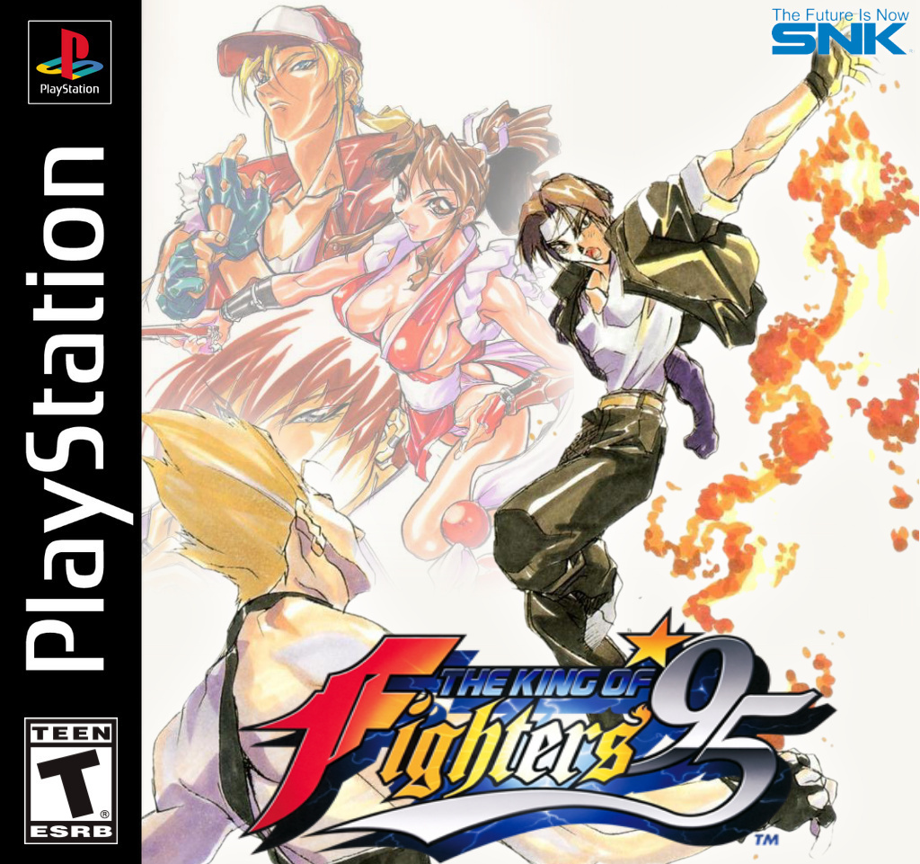1990s_(style) 1girl 4boys action blonde_hair brown_hair fighting game_console multiple_boys nikaido_benimaru oobari_masami playstation_1 red_hair retro_artstyle shiranui_mai snk terry_bogard the_king_of_fighters the_king_of_fighters_&#039;95 yagami_iori
