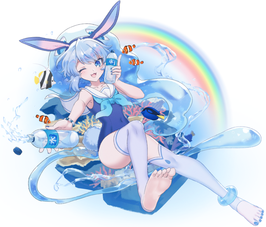 1girl ;d animal_ear_hairband animal_ears barefoot bead_bracelet beads blue_eyes blue_hair blue_hairband blue_nails blue_neckerchief blue_one-piece_swimsuit bottle bracelet clownfish coral corriente_(show_by_rock!!) covered_navel fake_animal_ears feet fish full_body hairband holding holding_bottle jewelry looking_at_viewer mel6969 neckerchief one-piece_swimsuit one_eye_closed open_mouth outstretched_arm rabbit_ear_hairband rabbit_ears rainbow regal_blue_tang sailor_collar sailor_one-piece_swimsuit short_hair show_by_rock!! smile solo swimsuit thighhighs water water_bottle white_thighhighs