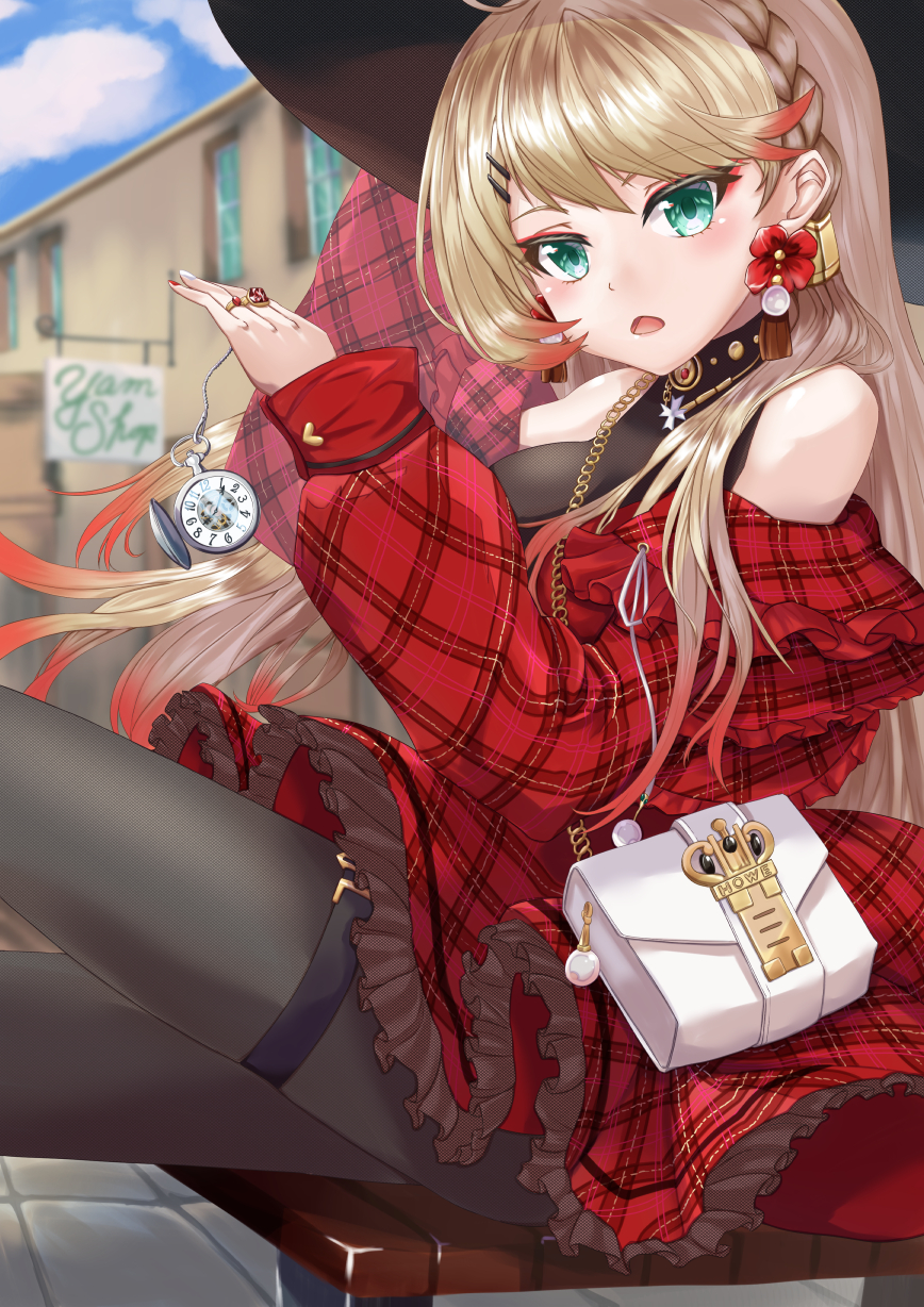 1girl :o arm_up azur_lane bag bare_shoulders bench black_hat blonde_hair blue_eyes blue_sky blush braid breasts building city cloud commentary_request cowboy_shot cross cross_necklace crown_braid dating day dress earrings flower_earrings frilled_dress frills hair_between_eyes hair_ornament hairclip handbag hat highres howe_(azur_lane) howe_(noble_rouge)_(azur_lane) jewelry large_breasts long_hair long_sleeves looking_at_viewer multicolored_hair nail_polish necklace off-shoulder_dress off_shoulder outdoors pantyhose plaid_clothes plaid_dress pocket_watch pov_dating red_dress red_hair red_nails ring sidelocks sitting sky solo thigh_strap two-tone_hair watch white_bag yam_(yam6056)