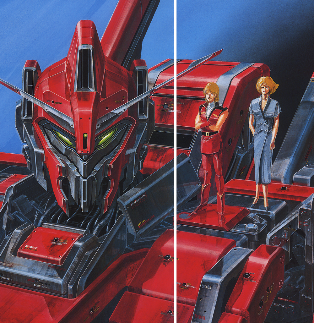 1980s_(style) 1boy 1girl aeug artist_request belt boots gloves gundam hyaku_shiki looking_at_viewer machinery magazine_scan mecha military_uniform mobile_suit official_art oldschool painting_(medium) production_art promotional_art prototype_design quattro_bajeena retro_artstyle riding robot sayla_mass scan science_fiction traditional_media unworn_eyewear upper_body v-fin vest zero_shiki_(gundam) zeta_gundam