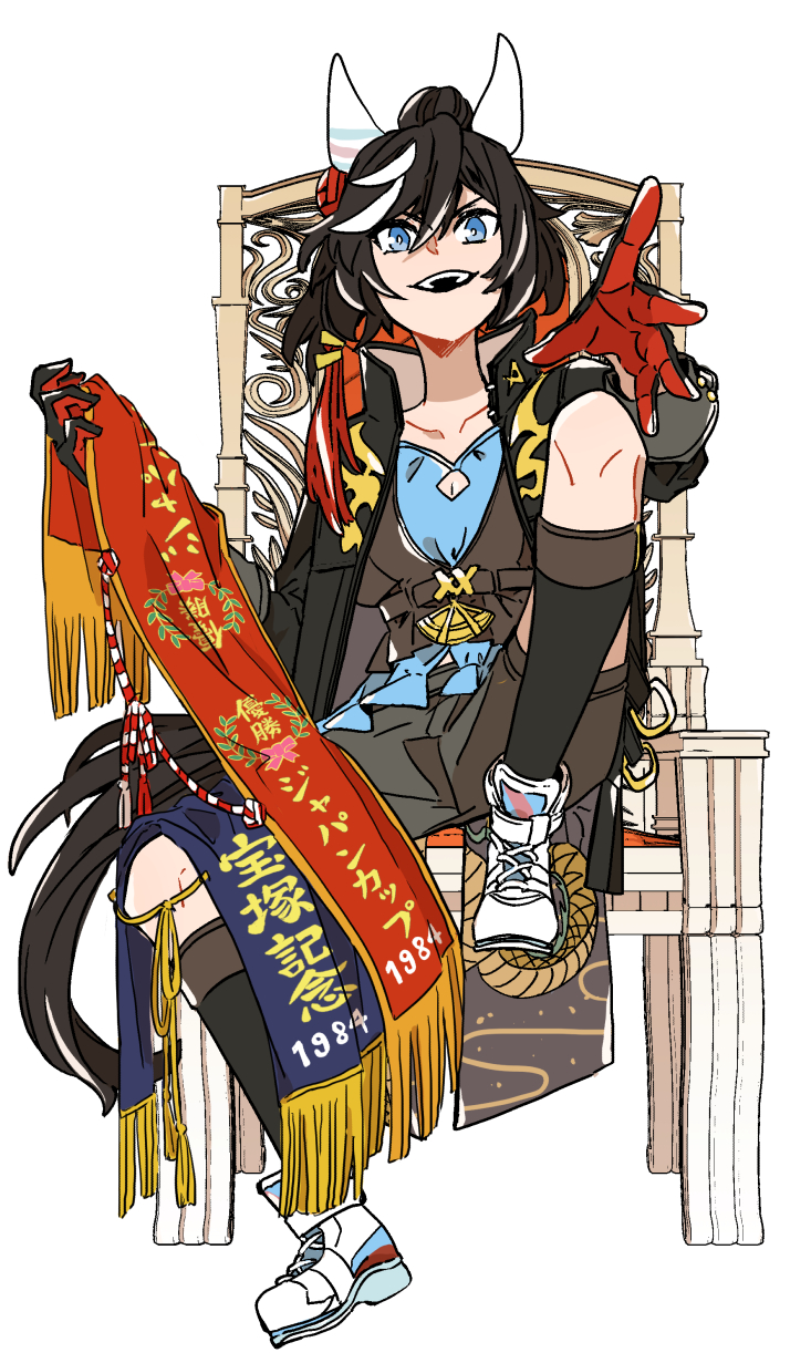 1984_(year) 1girl animal_ears asuka_(junerabitts) black_gloves black_hair black_shorts black_socks blue_eyes blue_shirt breasts chair commentary_request ear_covers gloves hair_between_eyes hair_ornament highres horse_ears horse_girl horse_tail katsuragi_ace_(umamusume) knee_up medium_breasts medium_hair multicolored_hair on_chair open_mouth ponytail red_gloves shirt shoes shorts simple_background sitting smile sneakers socks solo streaked_hair tail tassel tassel_hair_ornament two-tone_gloves umamusume white_background white_hair white_shoes