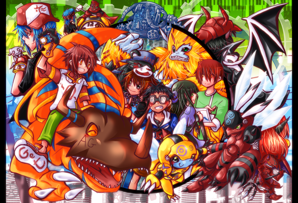 bearmon boogiemon clockmon digignome digimon digimon_(creature) flybeemon greymon honeybeemon looking_at_another mask oridigi sharp_teeth smile teeth wings