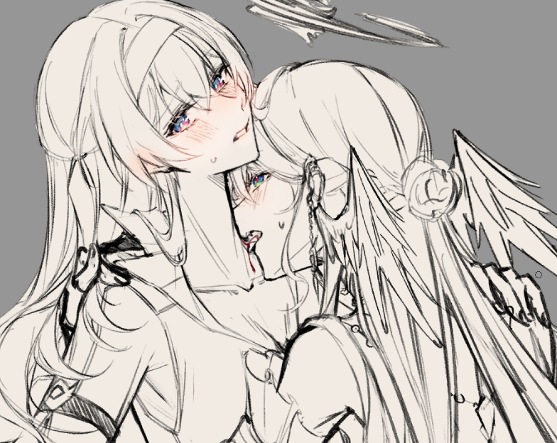 2girls blue_eyes blush ear_wings fangs firefly_(honkai:_star_rail) grey_background greyscale hair_bun halo hand_on_another&#039;s_shoulder honkai:_star_rail honkai_(series) licking licking_another&#039;s_neck monochrome multicolored_eyes multiple_girls parted_lips pink_eyes red_pupils robin_(honkai:_star_rail) sieka_(piiroinardesco) spot_color sweat unfinished upper_body yuri
