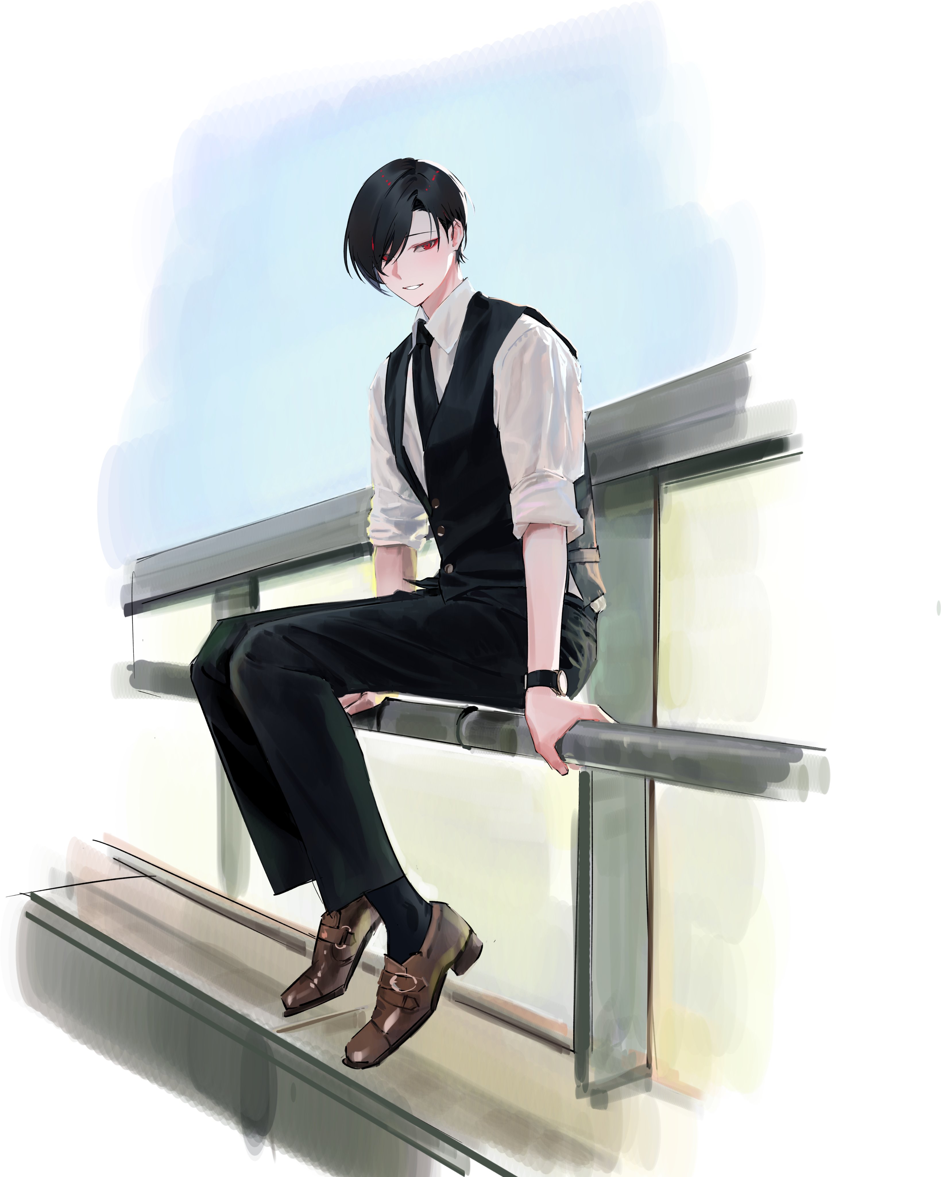 1boy absurdres ariake_(ooe) black_hair black_necktie black_pants black_socks black_vest brown_footwear buttons collared_shirt commentary english_commentary full_body highres looking_at_viewer male_focus necktie on_railing ooe_(game) outdoors pants photo-referenced railing red_eyes shirt short_hair sitting sleeves_rolled_up smile socks solo tk_(tksnim) vest watch white_shirt wristwatch