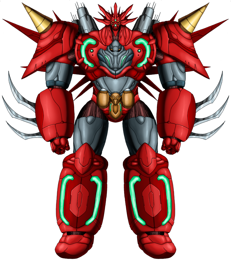 arm_blade armor biomechanical clenched_hands commentary crovirus english_commentary facing_viewer getter_emperor getter_rays getter_robo green_light horns looking_at_viewer mecha mecha_focus multicolored_armor no_humans red_armor redesign robot super_robot weapon yellow_armor yellow_eyes