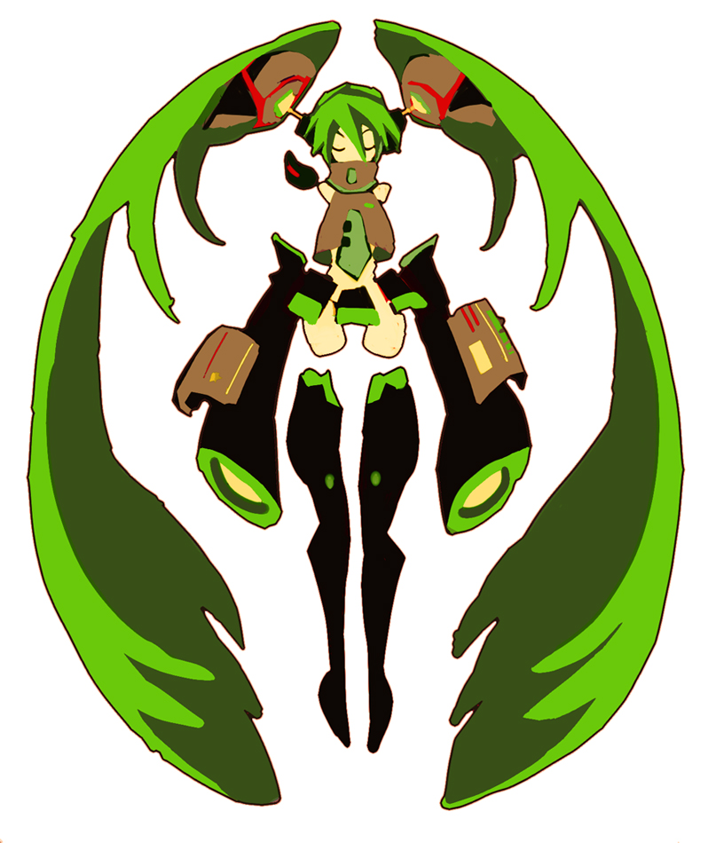 1girl absurdly_long_hair arm_cannon brown_shirt detached_arm detached_legs dual_arm_cannons facing_viewer full_body green_necktie hatsune_miku high_collar hiramu long_hair mechanical_arms mechanical_hair mechanical_legs narrow_waist necktie no_panties shirt simple_background sleeveless sleeveless_shirt solo twintails very_long_hair vocaloid weapon white_background