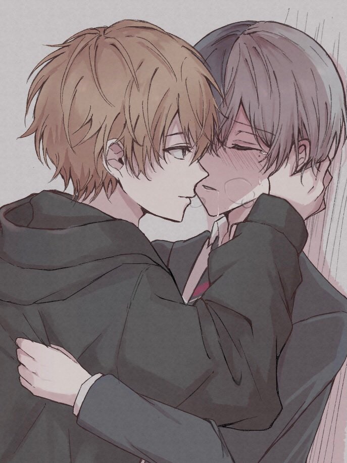 2boys aoyagi_touya black_hoodie black_jacket blue_hair blush closed_eyes collared_shirt commentary hand_on_another&#039;s_face hashtag-only_commentary hood hood_down hoodie imminent_kiss jacket layered_sleeves long_sleeves male_focus multicolored_hair multiple_boys necktie orange_hair parted_bangs parted_lips project_sekai shinonome_akito shirt som4yq split-color_hair suit_jacket tearing_up upper_body white_shirt wing_collar yaoi