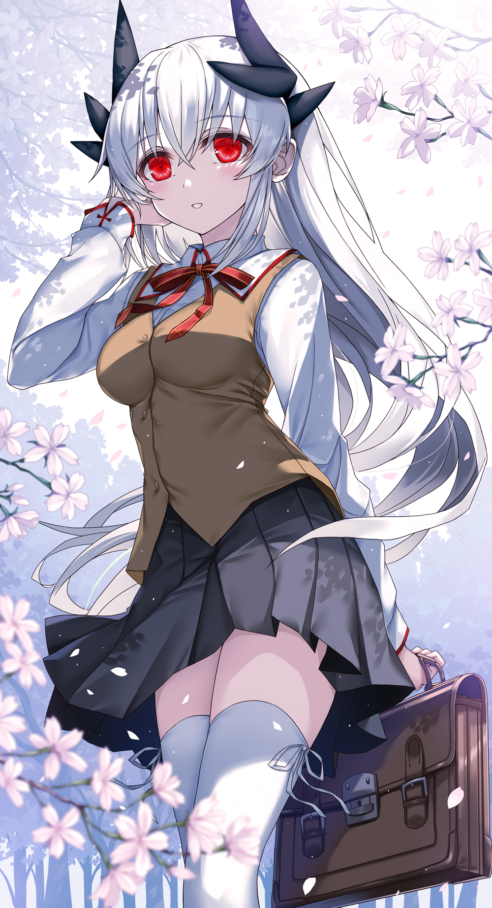 1girl alternate_costume black_skirt breasts brown_vest cherry_blossoms collared_shirt dragon_girl dragon_horns fate/grand_order fate_(series) highres homurabara_academy_school_uniform horns kiyohime_(fate) kiyohime_(third_ascension)_(fate) long_sleeves medium_breasts medium_skirt morizono_shiki multiple_horns neck_ribbon pleated_skirt red_eyes red_ribbon ribbon school_uniform shirt skirt solo standing thighhighs vest white_hair white_shirt white_thighhighs