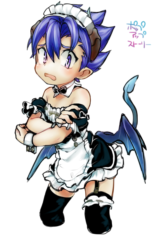 1boy alternate_costume black_thighhighs blue_hair blush crossdressing crossdressing_(mtf) demon_boy demon_horns demon_tail demon_wings detached_collar dress embarrassed enmaided garter_straps hair_between_eyes horns looking_at_viewer low_wings maid maid_headdress male_focus maruta_(ieiieiiei5316) open_mouth pointy_ears pop-up_story purple_eyes simple_background solo tail thighhighs white_background wings wrist_cuffs ziz_glover
