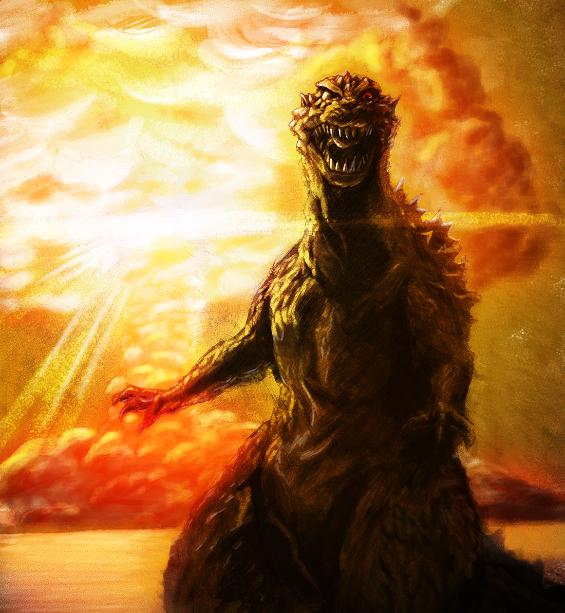 castle_bravo claws dinosaur explosion giant giant_monster godzilla godzilla_(series) godzilla_raids_again kaiju looking_at_viewer monster mushroom_cloud no_humans nuclear_explosion nyoruniru open_mouth operation_castle roaring sea_monster sharp_teeth shrimp_(thermonuclear_bomb) spikes symbolism teeth thermonuclear_bomb thermonuclear_weapon toho tongue weapon_of_mass_destruction