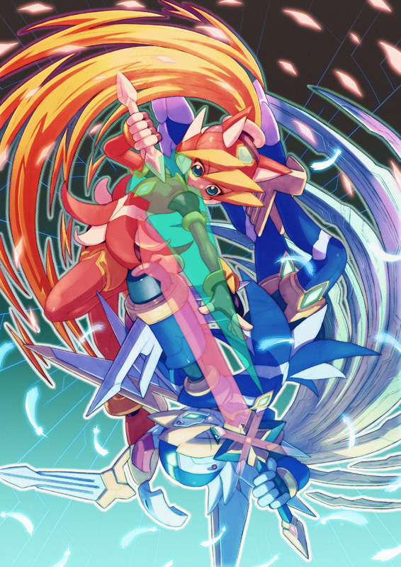 2girls alternate_costume armor blonde_hair blue_eyes capcom cial_(mega_man) ciel_(mega_man) energy_blade go! green_eyes helmet mega_man_(series) mega_man_zero_(series) multiple_girls scouter siblings sisters