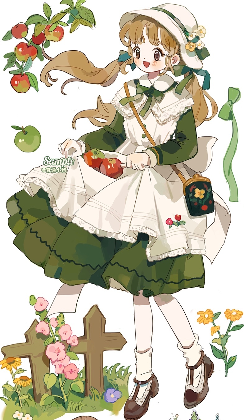 1girl ankle_socks apple apron aqua_bow back_bow bag black_bag bow bowtie brown_eyes brown_eyeshadow brown_hair brown_shoes buttons capelet coin_purse collared_dress commission daisy_(flower) dot_nose dress eyelashes fence floating floral_print flower food frilled_apron frills fruit full_body grass green_apple green_bow green_bowtie green_dress hair_bow happy hat hat_bow hat_flower high_heels highres lace-trimmed_capelet lace_trim light_blush long_hair long_sleeves looking_ahead low_twintails medium_dress open_mouth original petticoat pink_flower pumps purple_flower putong_xiao_gou sample_watermark shoes shoulder_bag skirt_basket smile socks solo standing sunflower tareme twintails watermark white_apron white_background white_bow white_capelet white_flower white_hat white_sleeve_cuffs white_socks wind yellow_flower