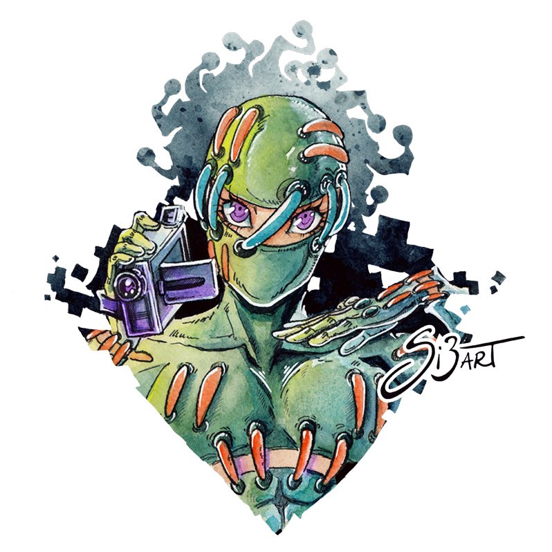 1boy bodysuit camera gloves green_bodysuit green_gloves green_mask holding holding_camera jojo_no_kimyou_na_bouken looking_at_viewer male_focus mask mask_on_head mouth_mask oasis_(stand) purple_eyes seams secco si3art solo stand_(jojo) vento_aureo video_camera