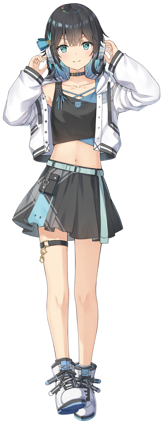 1girl aqua_eyes belt black_choker black_hair black_skirt blue_hair bow choker closed_mouth collarbone colored_inner_hair crop_top full_body hair_bow hands_up headphones highres hood hood_down jacket long_sleeves looking_at_viewer medium_hair midriff miko_fly miyamai_moca multicolored_hair navel o-ring o-ring_thigh_strap off_shoulder official_art open_clothes open_jacket shoes skirt smile solo standing synthesizer_v thigh_strap third-party_source transparent_background two-tone_hair white_jacket