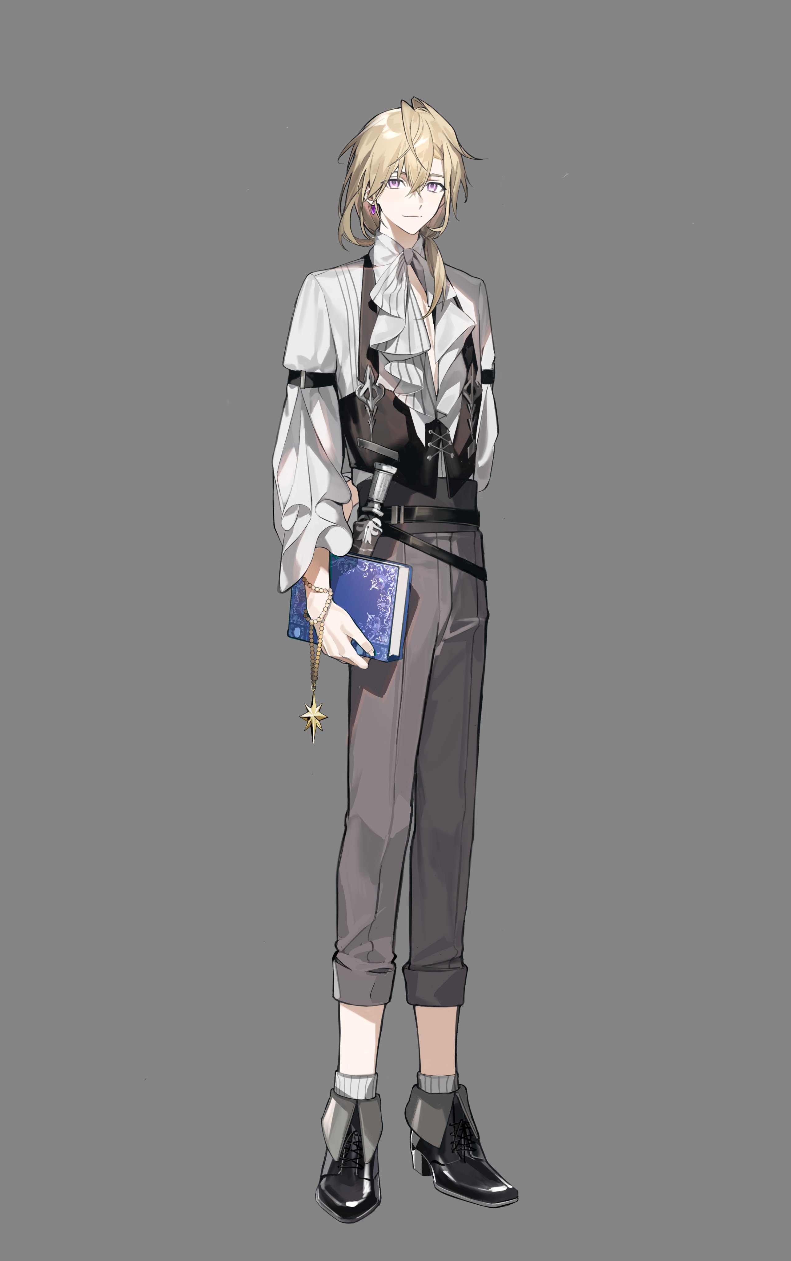 1boy absurdres alchemy_stars ameinu arm_behind_back black_shoes black_vest blonde_hair book bow bowtie caleb_(alchemy_stars) closed_mouth copyright_name cross-laced_footwear dagger earrings frilled_sleeves frills grey_background grey_pants grey_socks hair_between_eyes hair_over_shoulder high-waist_pants highres holding holding_book holding_jewelry holding_necklace jewelry knife knife_sheath light_smile long_hair long_sleeves looking_at_viewer low_ponytail male_focus necklace official_art pants pants_rolled_up pendant pendant_removed plunging_neckline ponytail purple_eyes sheath shirt shoes simple_background sleeve_garter socks solo standing vest weapon white_bow white_bowtie white_shirt