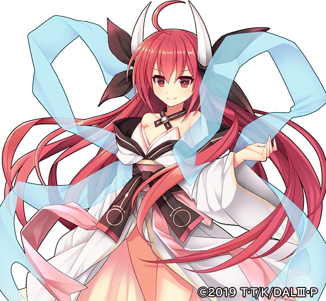1girl ahoge black_choker black_ribbon breasts choker date_a_live detached_sleeves dress edamame_senpai horns itsuka_kotori long_hair medium_breasts off_shoulder official_art red_eyes red_hair ribbon smile solo vivid_army white_dress