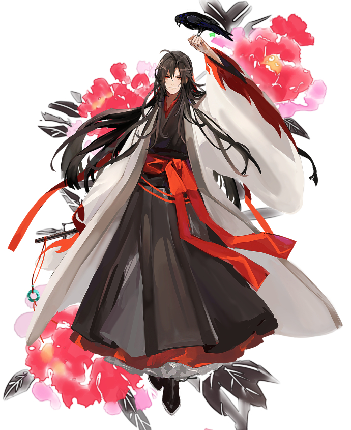 1boy ahoge arm_up bird bird_on_hand black_boots black_hair black_hanfu black_robe boots chinese_clothes closed_mouth coat crow daenarys dizi flower flute full_body hair_between_eyes hair_down hair_ribbon half_updo hanfu holding holding_flute holding_instrument instrument long_hair long_sleeves looking_at_viewer male_focus modao_zushi official_alternate_costume official_alternate_hairstyle red_eyes red_flower red_ribbon red_sash ribbon robe sash simple_background smile solo tassel transverse_flute very_long_hair wei_wuxian wei_wuxian_(yiling_laozu) white_background white_coat wide_sleeves