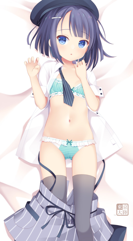 1girl beret blue_bra blue_eyes blue_hair blue_panties blush bra breasts clothes_pull collared_shirt fuiba_fuyu gochuumon_wa_usagi_desu_ka? grey_thighhighs hair_ornament hairclip hat kurasawa_kyoushou lingerie looking_at_viewer lying navel on_back open_clothes open_shirt panties parted_lips shirt short_hair skirt skirt_pull small_breasts solo thighhighs underwear white_shirt