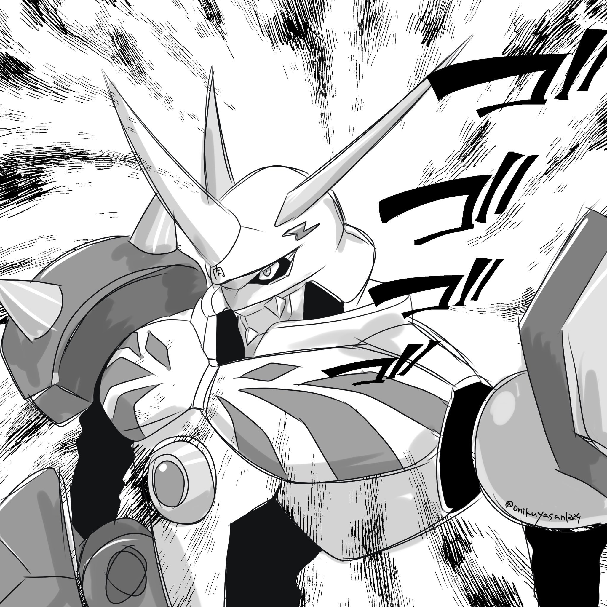 chest_jewel digimon digimon_(creature) greyscale highres horns mecha monochrome omegamon onikuyasan1224 robot shoulder_spikes simple_background sketch solo sound_effects spikes twitter_username upper_body white_background