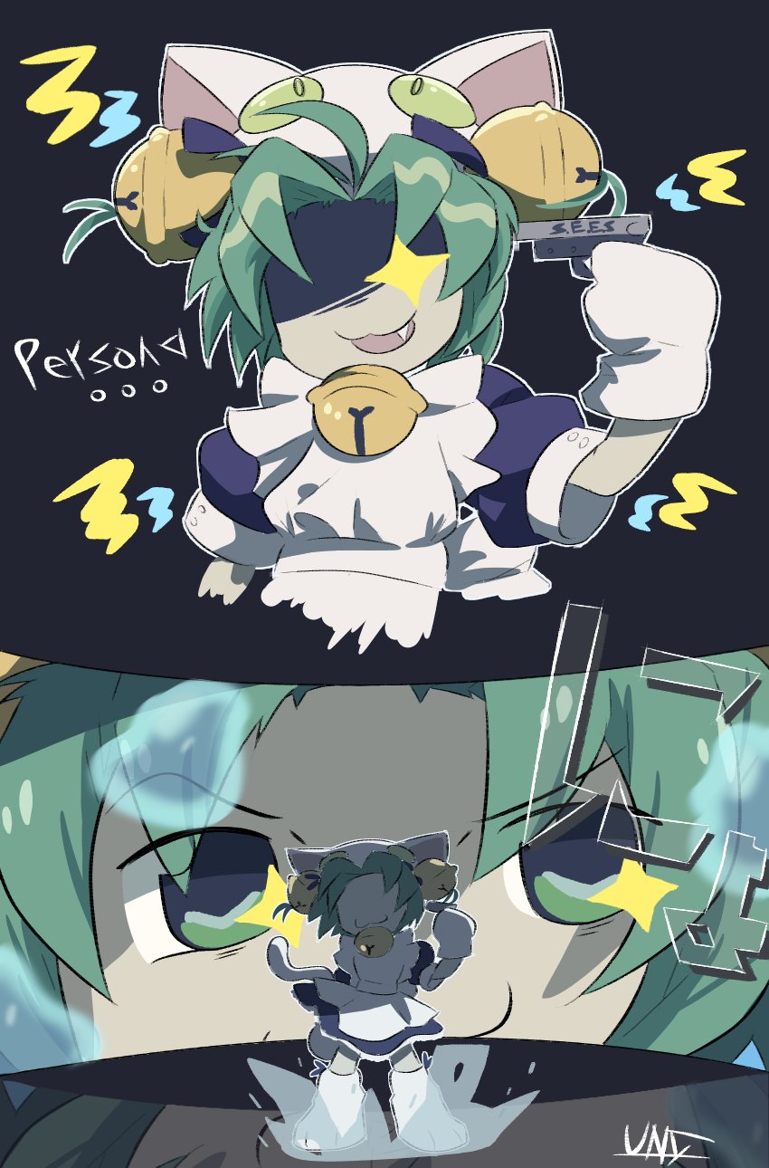... 1girl :3 ahoge animal_hat apron blue_dress cat_hat dejiko di_gi_charat dress english_text evoker fang green_eyes green_hair gun_to_head hat highres mittens parody persona persona_3 puffy_sleeves s.e.e.s shaded_face shoes short_hair uniplantiso white_apron white_mittens
