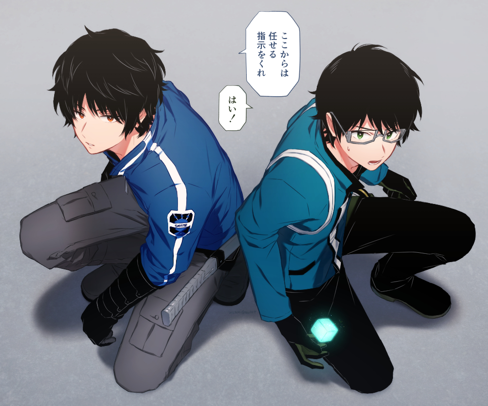2boys badge black_footwear black_gloves black_pants blue_jacket boots cube fighting_stance from_above full_body futaba_08_cnmrl glasses gloves glowing green_eyes grey_background grey_footwear grey_pants jacket karasuma_kyousuke long_sleeves looking_ahead male_focus mikumo_osamu mikumo_squad&#039;s_uniform multiple_boys on_one_knee orange_eyes pants short_hair side-by-side speech_bubble sword talking weapon world_trigger