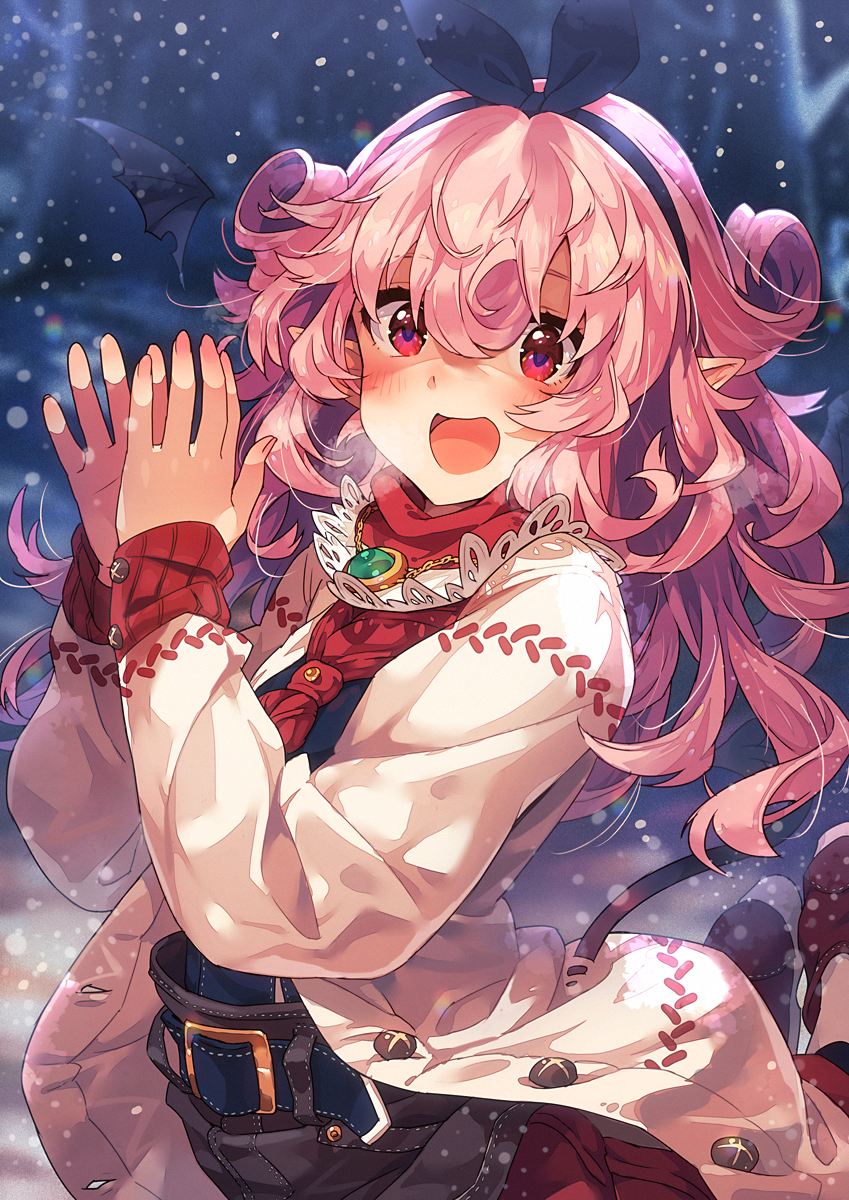 1girl animal_ears bow female_focus highres looking_at_viewer narumi_arata original pink_hair pointy_ears recri_(narumi_arata) red_eyes revision snow solo