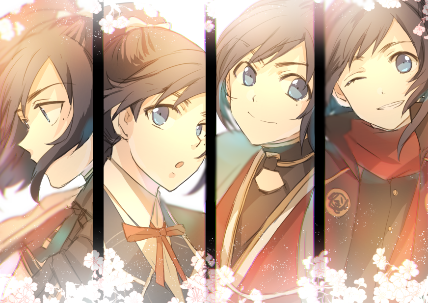 10s 1boy bishounen black_hair blue_eyes cherry_blossoms cosplay grin horikawa_kunihiro horikawa_kunihiro_(cosplay) izumi-no-kami_kanesada izumi-no-kami_kanesada_(cosplay) japanese_clothes kashuu_kiyomitsu kashuu_kiyomitsu_(cosplay) male_focus mole mole_under_eye nagasone_kotetsu nagasone_kotetsu_(cosplay) one_eye_closed ponytail ribbon scarf smile touken_ranbu ui_(majiwi) yamato-no-kami_yasusada