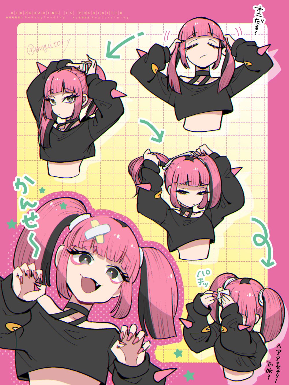 1girl :/ adjusting_hair arrow_(symbol) bandaid bandaid_hair_ornament black_eyes black_hair black_shirt blunt_bangs border bright_pupils claw_pose closed_eyes closed_mouth commentary_request coral_(pokemon) crop_top cropped_torso crossed_bandaids eyeliner fang fingernails hair_ornament highres long_fingernails long_hair long_sleeves looking_at_viewer makeup midriff mogutory multicolored_hair multiple_views nail_polish nintendo off-shoulder_shirt off_shoulder open_mouth outside_border pink_border pink_eyeliner pink_hair pink_nails pokemon pokemon_(anime) pokemon_horizons puffy_long_sleeves puffy_sleeves shirt sleeves_past_wrists smile streaked_hair tongue translation_request twintails twitter_username two-tone_hair tying_hair white_pupils