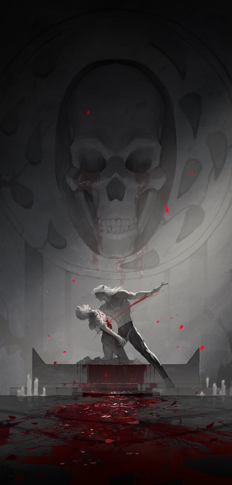 2boys abs altar arm_support astarion baldur&#039;s_gate baldur&#039;s_gate_3 barefoot black_pants bleeding blood blood_from_mouth blood_on_clothes blood_splatter blood_spray candle closed_eyes commentary eboda-x elf english_commentary from_side greyscale hand_on_another&#039;s_shoulder highres holding holding_sword holding_weapon indoors injury kneeling leaning_back male_focus medium_hair monochrome multiple_boys on_one_knee pants pectorals pointy_ears profile short_hair skull spot_color stab sword tav_(baldur&#039;s_gate) the_dark_urge_(baldur&#039;s_gate) toned toned_male topless_male weapon white_hair wide_shot