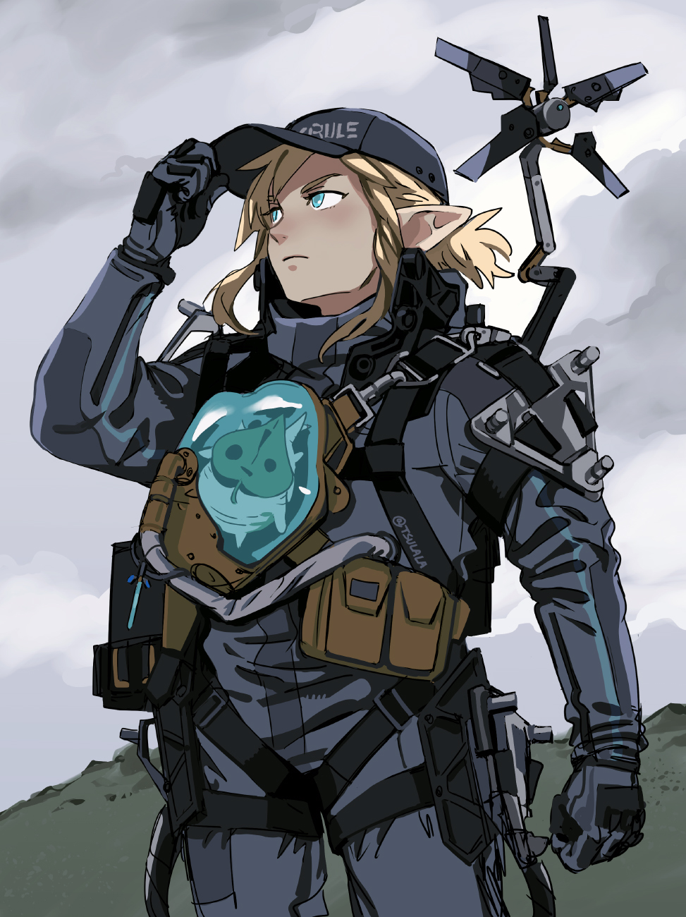 1boy aqua_hair baseball_cap blonde_hair blue_jumpsuit clothes_writing cloud cloudy_sky cosplay crossover death_stranding gloves hand_on_headwear hat highres jumpsuit korok link male_focus nintendo odradek outdoors pointy_ears ponytail pouch rem_(tsulala) sam_porter_bridges sam_porter_bridges_(cosplay) sidelocks sky the_legend_of_zelda twitter_username