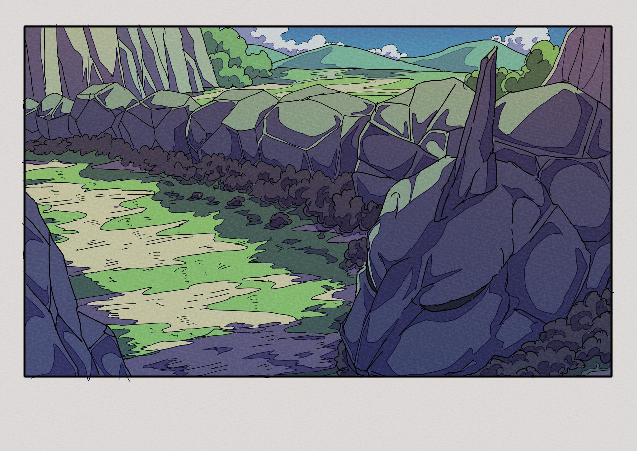 animal_focus blue_sky border closed_eyes cloud day forest gen_1_pokemon highres hill mountain nature nintendo no_humans onamuzi_illust onix pokemon pokemon_(creature) pokemon_focus sky sleeping solo white_border